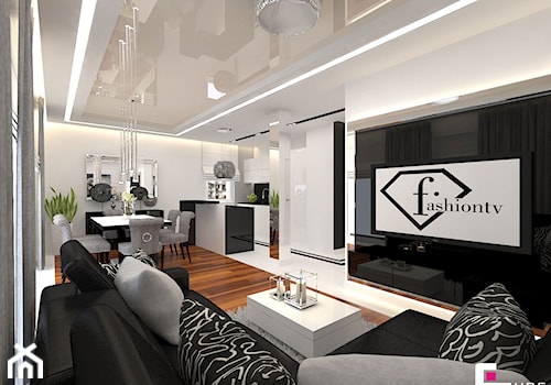 Mieszkanie w Rzeszowie - Mały biały czarny salon z jadalnią, styl glamour - zdjęcie od CUBE Interior Design