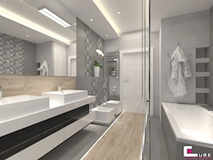 DOM W KOBYŁCE - Średnia na poddaszu bez okna z dwoma umywalkami z punktowym oświetleniem łazienka, styl nowoczesny - zdjęcie od CUBE Interior Design