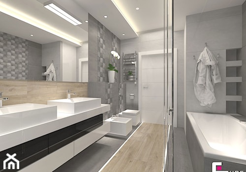 DOM W KOBYŁCE - Średnia na poddaszu bez okna z dwoma umywalkami z punktowym oświetleniem łazienka, styl nowoczesny - zdjęcie od CUBE Interior Design