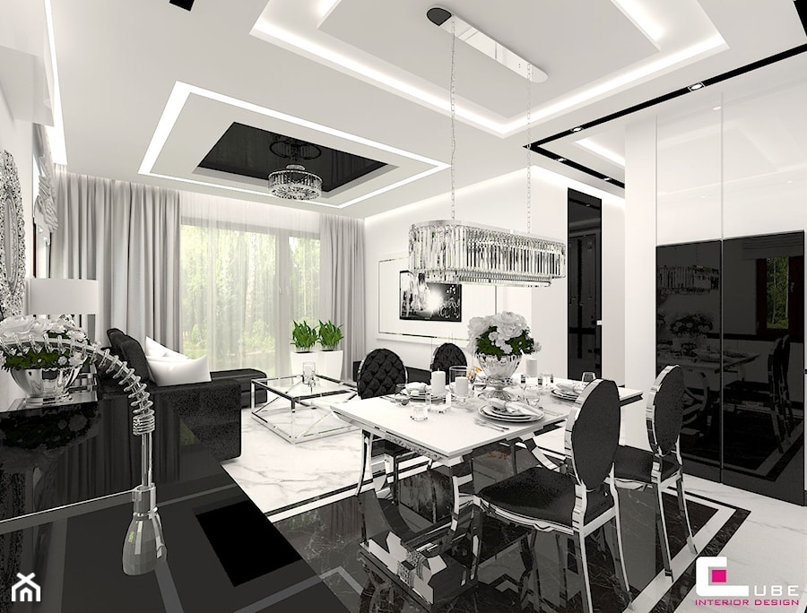 Mieszkanie pokazowe w Konstancinie-Jeziornie - Duża biała czarna jadalnia w salonie w kuchni, styl glamour - zdjęcie od CUBE Interior Design