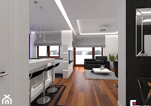 Apartament w Warszawie - Duży biały czarny salon z kuchnią z jadalnią, styl nowoczesny - zdjęcie od CUBE Interior Design