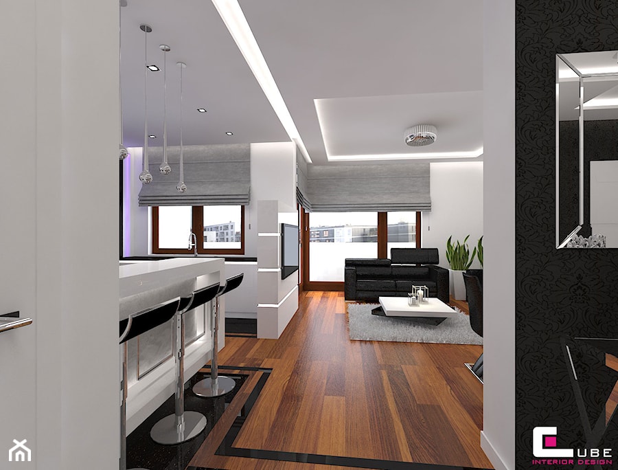 Apartament w Warszawie - Duży biały czarny salon z kuchnią z jadalnią, styl nowoczesny - zdjęcie od CUBE Interior Design