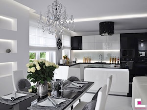 Średnia otwarta biała z zabudowaną lodówką kuchnia z wyspą lub półwyspem, styl glamour - zdjęcie od CUBE Interior Design