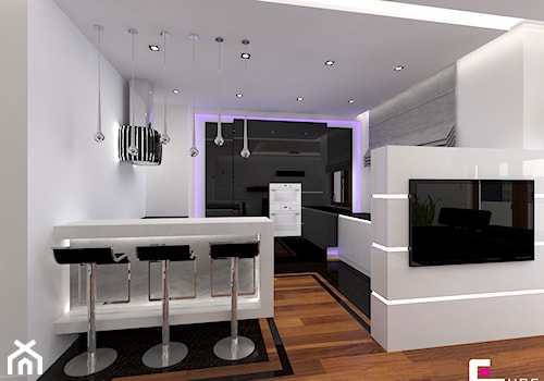 Apartament w Warszawie - Duża otwarta z kamiennym blatem biała z zabudowaną lodówką kuchnia w kształcie litery l z oknem, styl nowoczesny - zdjęcie od CUBE Interior Design