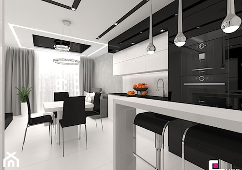 Mieszkanie w Mińsku Mazowieckim 50 m2 - Duża otwarta z salonem szara z zabudowaną lodówką kuchnia jednorzędowa, styl nowoczesny - zdjęcie od CUBE Interior Design