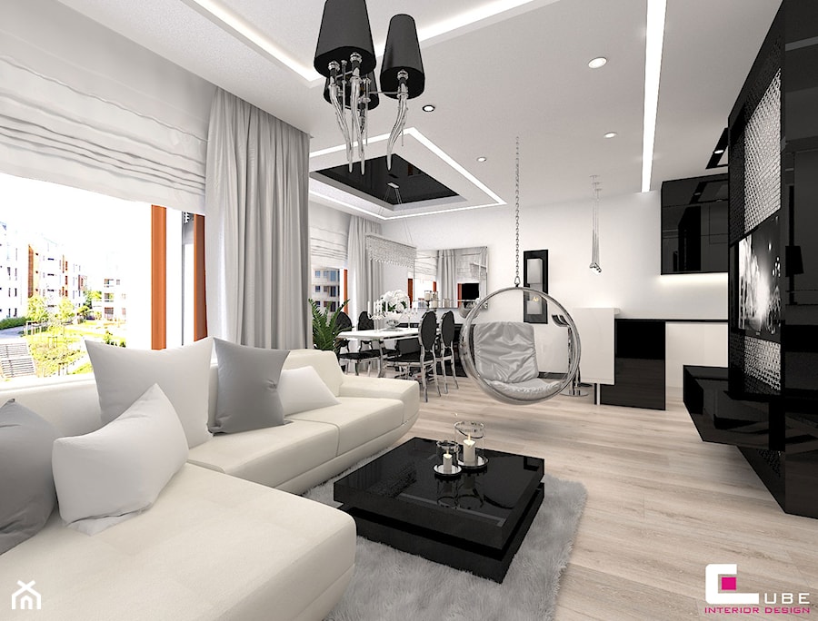 Mieszkanie w Trójmieście - Duży biały czarny salon z jadalnią, styl glamour - zdjęcie od CUBE Interior Design