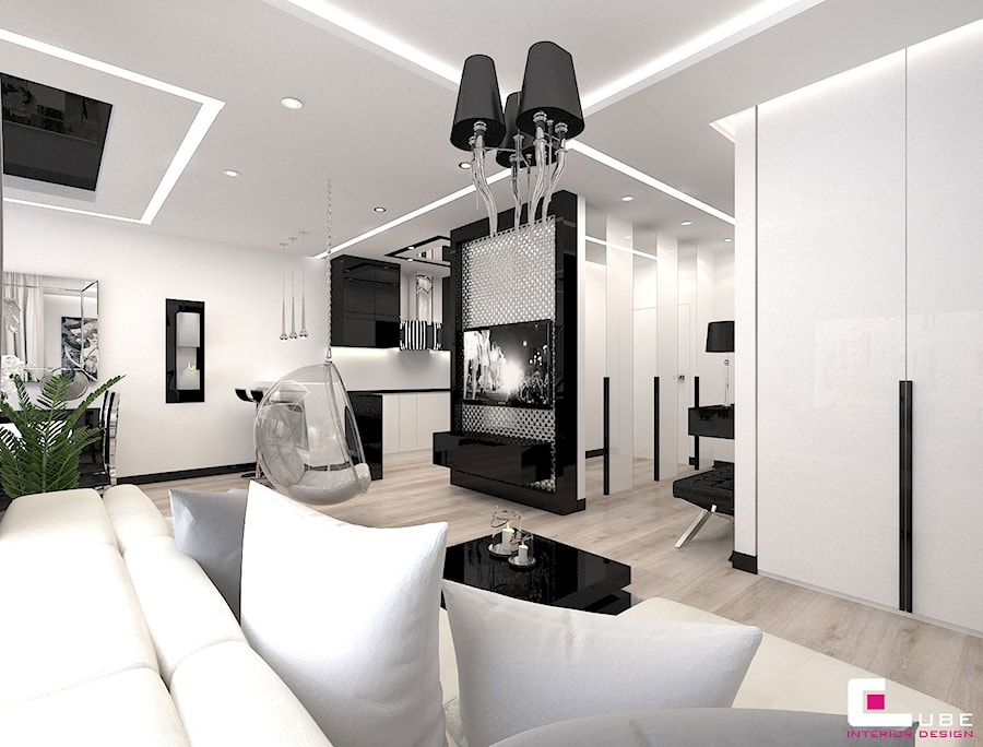 Mieszkanie w Trójmieście - Mały biały salon z kuchnią z jadalnią, styl glamour - zdjęcie od CUBE Interior Design