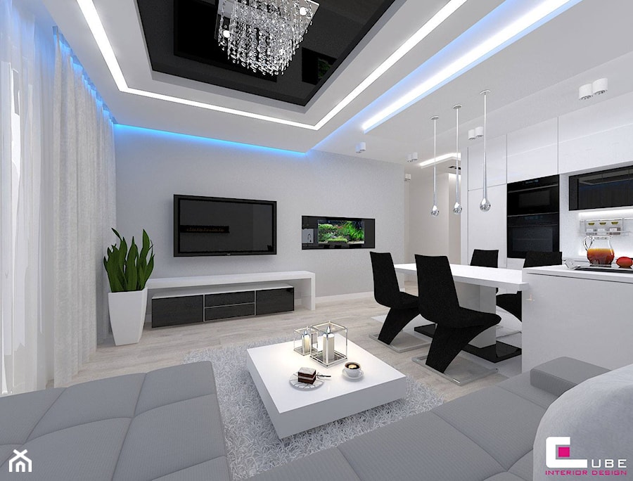 Mieszkanie w Mińsku Mazowieckim 70 m2 - Mały biały salon z kuchnią z jadalnią, styl nowoczesny - zdjęcie od CUBE Interior Design