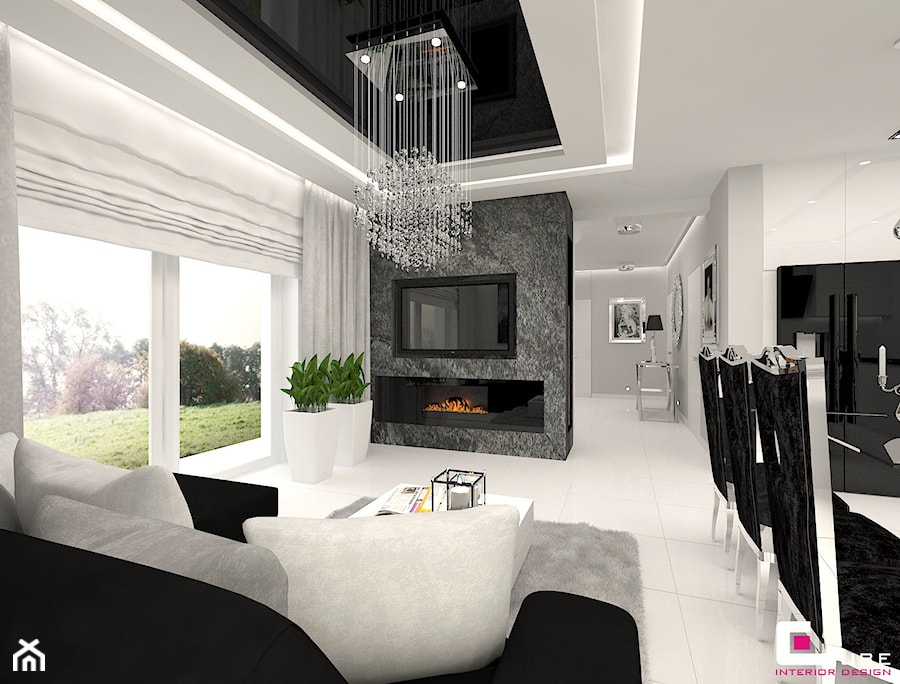 DOM POD LEGNICĄ - Średni biały salon z jadalnią, styl glamour - zdjęcie od CUBE Interior Design