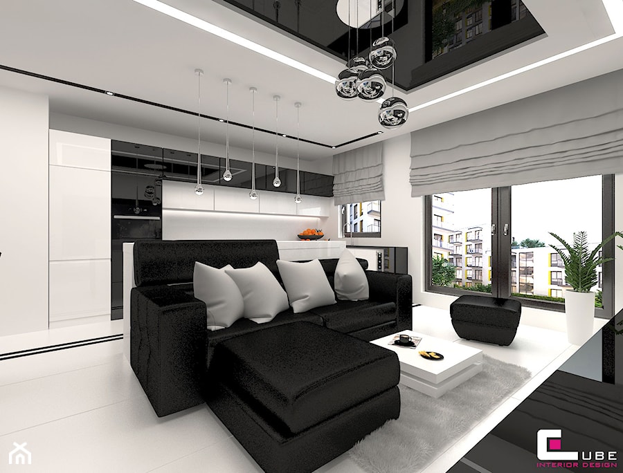 Mieszkanie 65 m2 w Warszawie - Średni biały salon z kuchnią, styl nowoczesny - zdjęcie od CUBE Interior Design