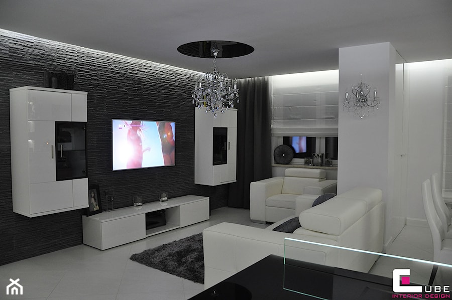 Duży czarny szary salon z jadalnią, styl glamour - zdjęcie od CUBE Interior Design