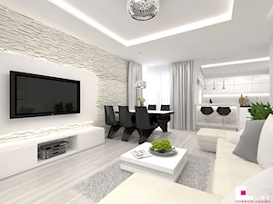 Projekt mieszkania w Siedlcach - Mały biały salon z kuchnią z jadalnią, styl nowoczesny - zdjęcie od CUBE Interior Design