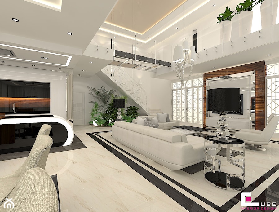 DOM Z ANTRESOLĄ - Duży biały salon z kuchnią z jadalnią z antresolą, styl glamour - zdjęcie od CUBE Interior Design