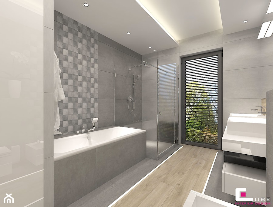 DOM W KOBYŁCE - Średnia z dwoma umywalkami z punktowym oświetleniem łazienka z oknem, styl nowoczesny - zdjęcie od CUBE Interior Design