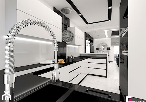 Dom w Elblągu - Średnia otwarta biała z zabudowaną lodówką z podblatowym zlewozmywakiem kuchnia w kształcie litery g, styl glamour - zdjęcie od CUBE Interior Design