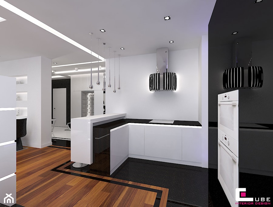 Apartament w Warszawie - Średnia otwarta z kamiennym blatem biała z zabudowaną lodówką kuchnia w kształcie litery u, styl nowoczesny - zdjęcie od CUBE Interior Design
