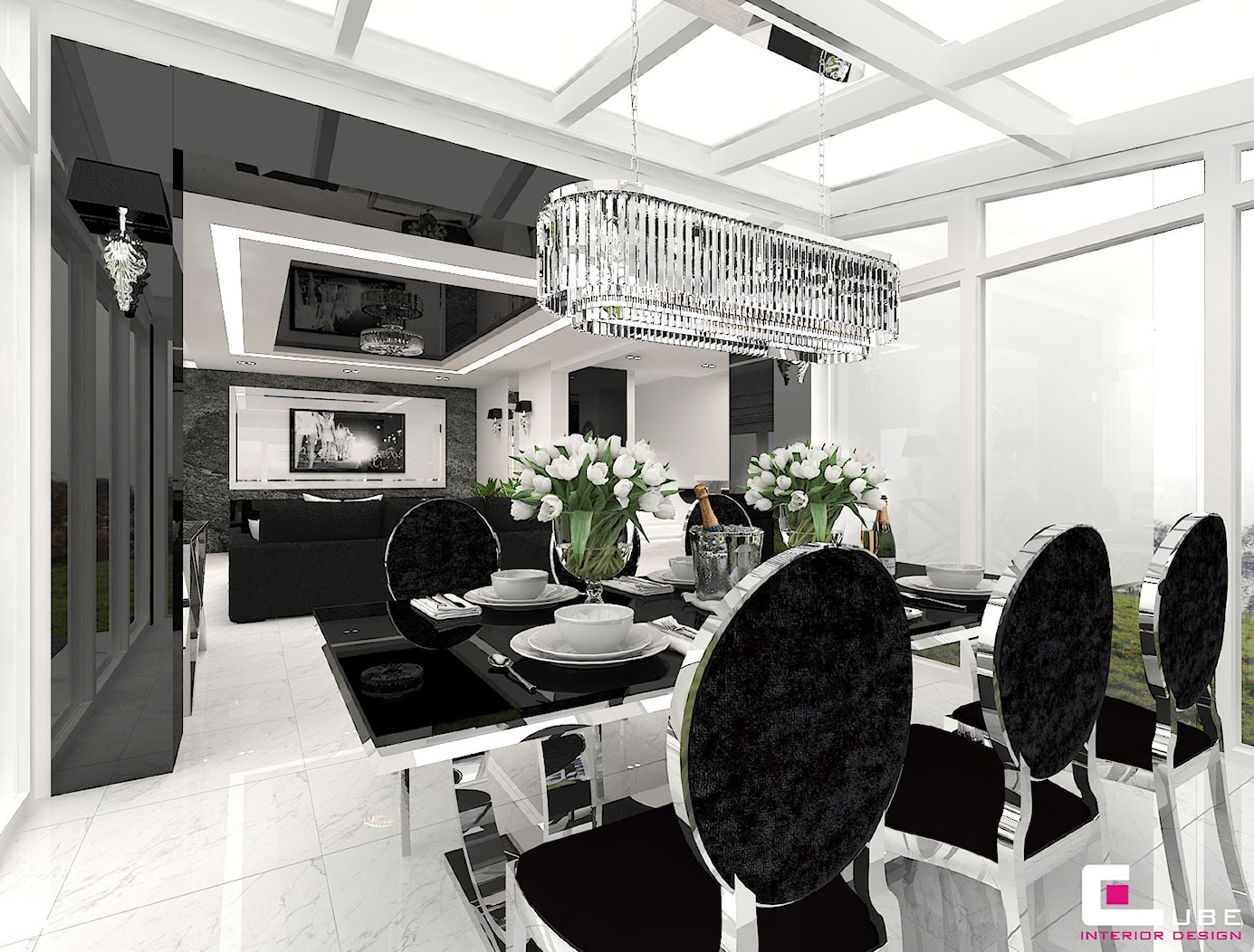 Dom w Elblągu - Duża biała czarna jadalnia w salonie, styl glamour - zdjęcie od CUBE Interior Design - Homebook