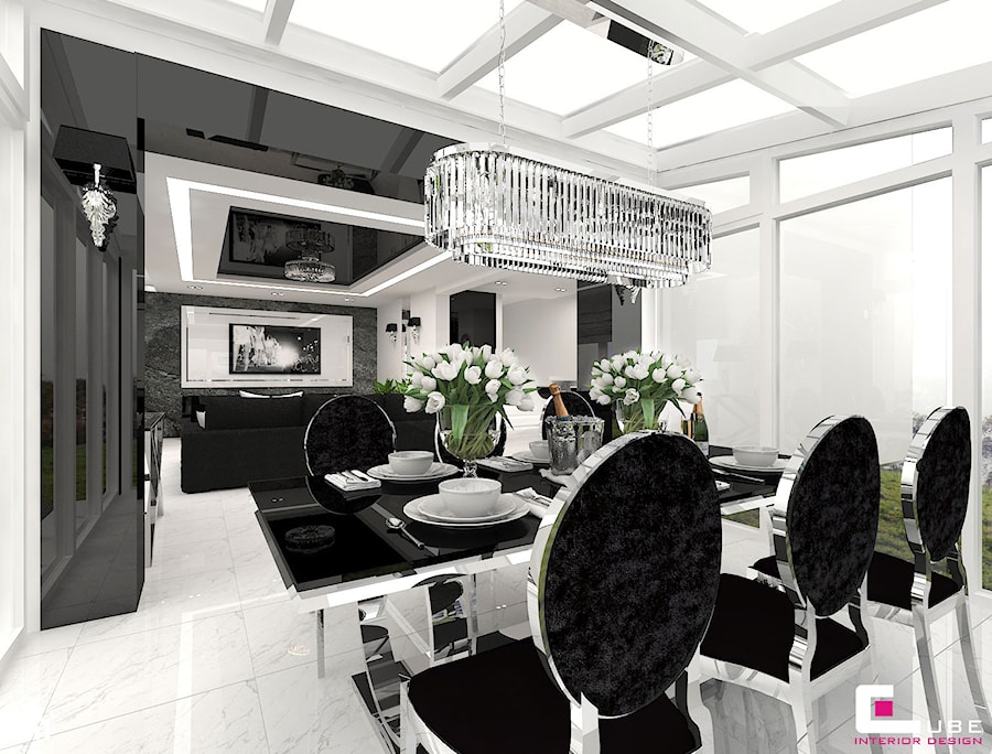 Dom w Elblągu - Duża biała czarna jadalnia w salonie, styl glamour - zdjęcie od CUBE Interior Design