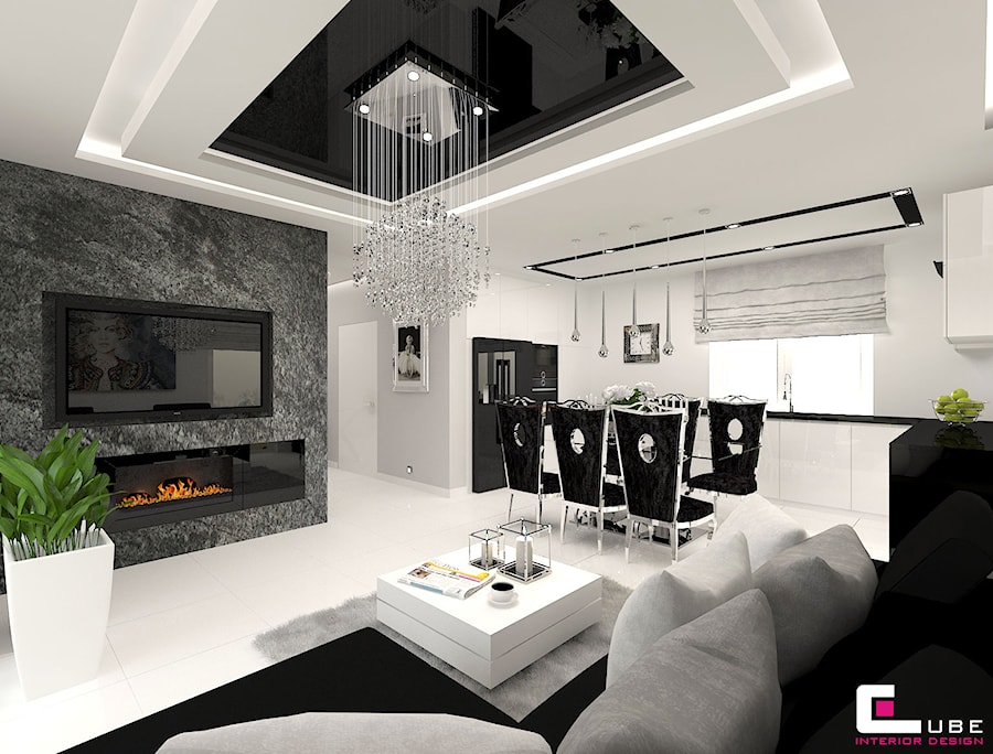 DOM POD LEGNICĄ - Średni biały salon z kuchnią z jadalnią, styl glamour - zdjęcie od CUBE Interior Design