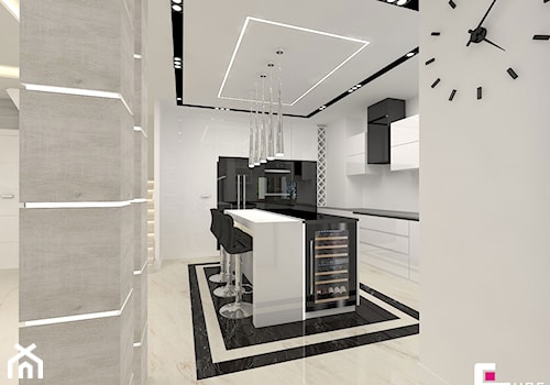 Projekt wnętrz domu - Duża otwarta z salonem biała z zabudowaną lodówką kuchnia w kształcie litery l z marmurową podłogą, styl nowoczesny - zdjęcie od CUBE Interior Design