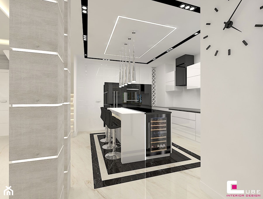 Projekt wnętrz domu - Duża otwarta z salonem biała z zabudowaną lodówką kuchnia w kształcie litery l z marmurową podłogą, styl nowoczesny - zdjęcie od CUBE Interior Design