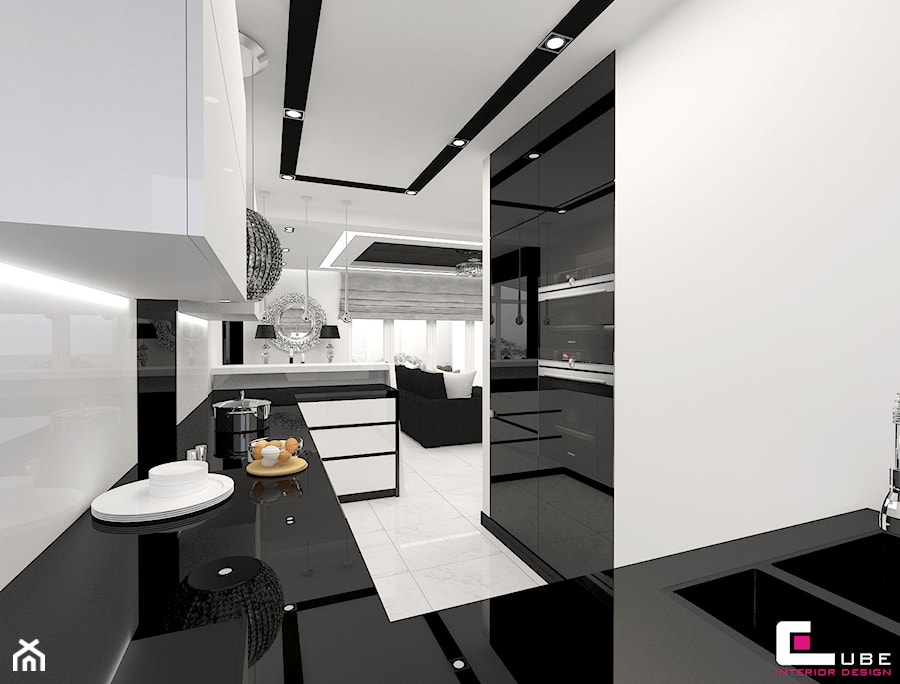 Dom w Elblągu - Duża otwarta z salonem biała z zabudowaną lodówką z podblatowym zlewozmywakiem kuchnia w kształcie litery u, styl glamour - zdjęcie od CUBE Interior Design