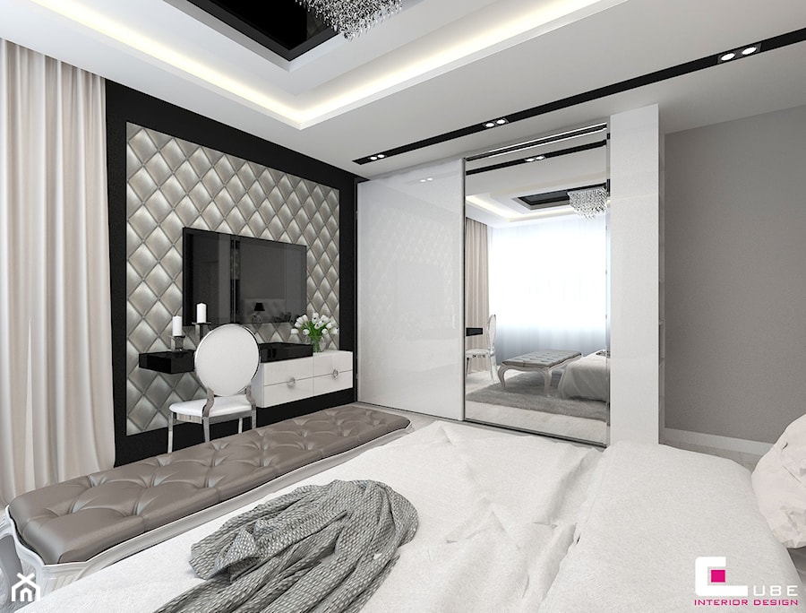 Projekt wnętrz domu - Średnia beżowa biała czarna sypialnia, styl nowoczesny - zdjęcie od CUBE Interior Design