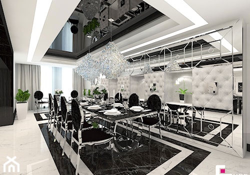 Dom w Chojnowie - Duża biała czarna jadalnia jako osobne pomieszczenie, styl glamour - zdjęcie od CUBE Interior Design