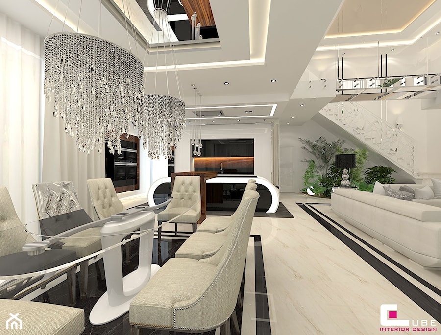 DOM Z ANTRESOLĄ - Duża biała jadalnia jako osobne pomieszczenie, styl glamour - zdjęcie od CUBE Interior Design