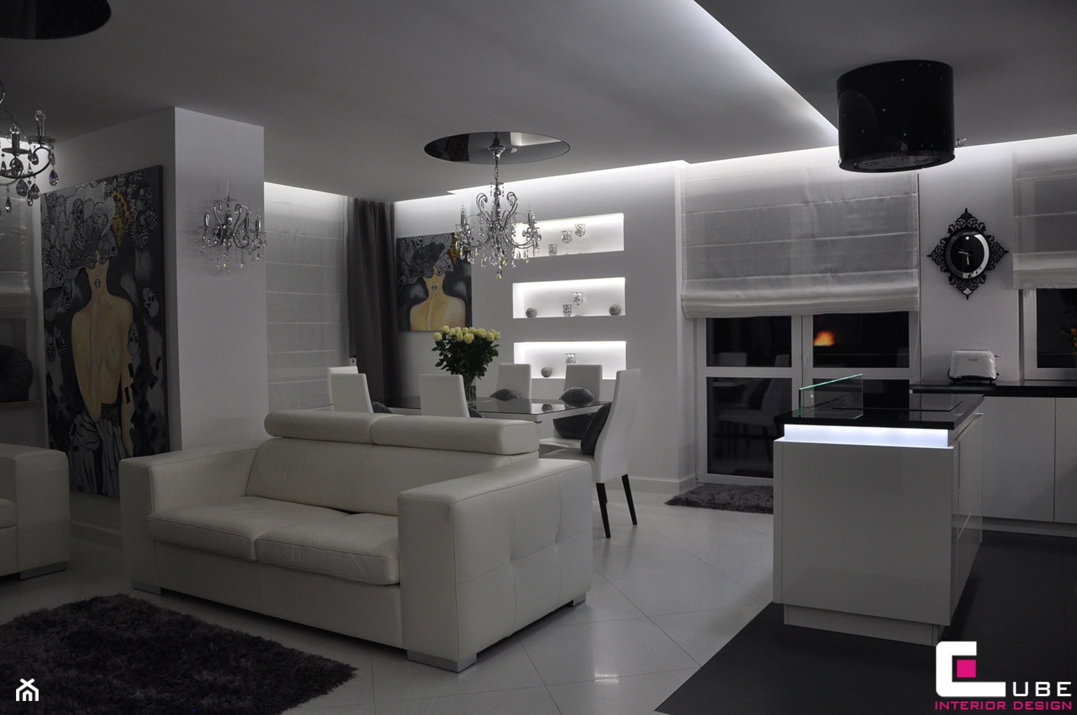 Średni biały salon z kuchnią z jadalnią, styl glamour - zdjęcie od CUBE Interior Design - Homebook