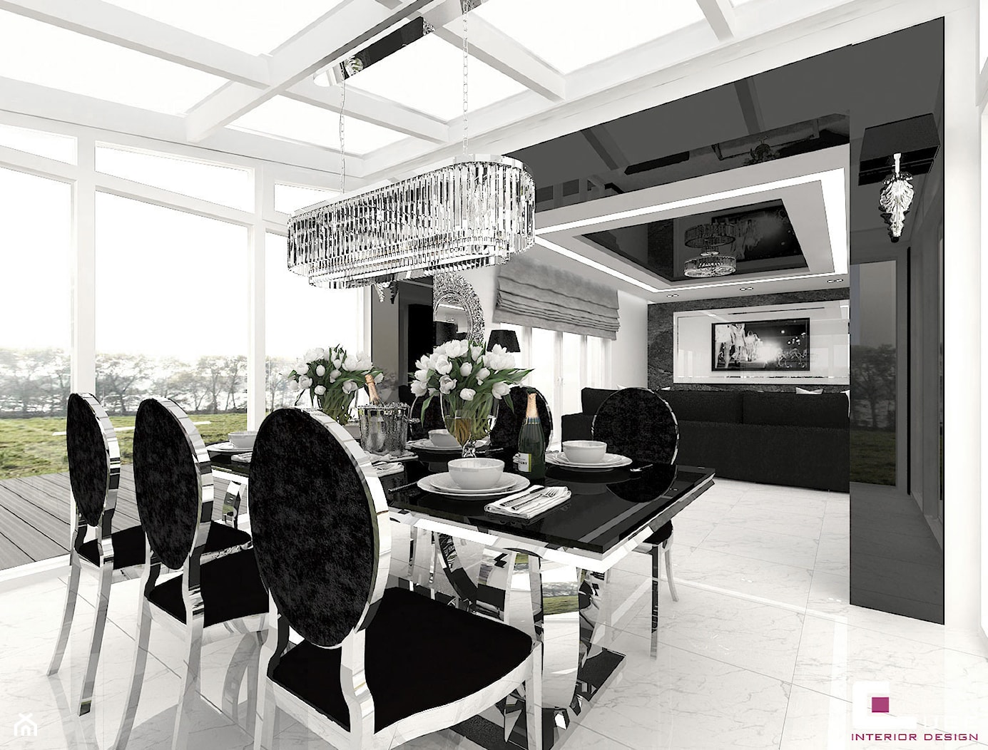 Dom w Elblągu - Duża biała czarna jadalnia w salonie jako osobne pomieszczenie, styl glamour - zdjęcie od CUBE Interior Design - Homebook