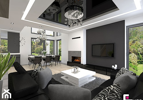 DOM W KOBYŁCE - Średni biały czarny salon z jadalnią, styl nowoczesny - zdjęcie od CUBE Interior Design