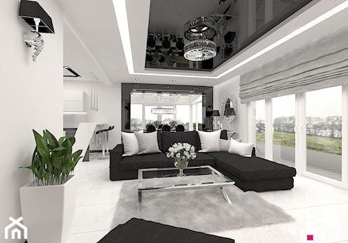 Dom w Elblągu - Mały biały salon z kuchnią z jadalnią, styl glamour - zdjęcie od CUBE Interior Design