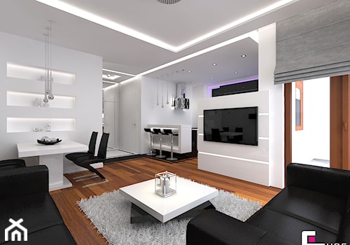 Apartament w Warszawie - Średni biały salon z kuchnią z jadalnią, styl nowoczesny - zdjęcie od CUBE Interior Design