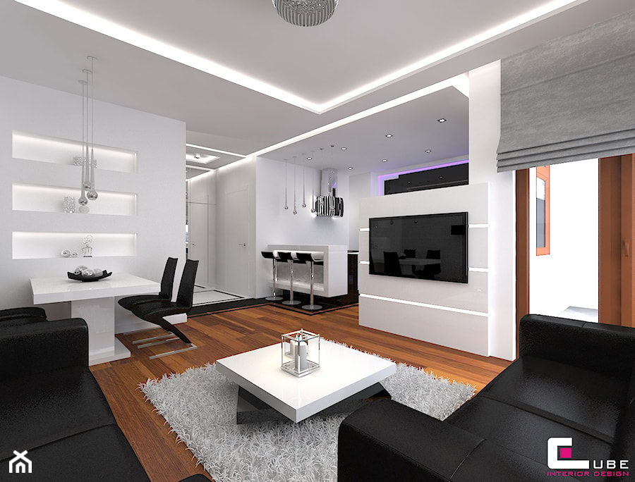 Apartament w Warszawie - Średni biały salon z kuchnią z jadalnią, styl nowoczesny - zdjęcie od CUBE Interior Design