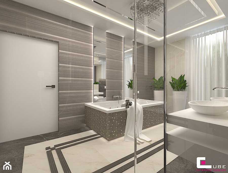 DOM Z ANTRESOLĄ - Duża na poddaszu z dwoma umywalkami z punktowym oświetleniem łazienka z oknem, styl glamour - zdjęcie od CUBE Interior Design