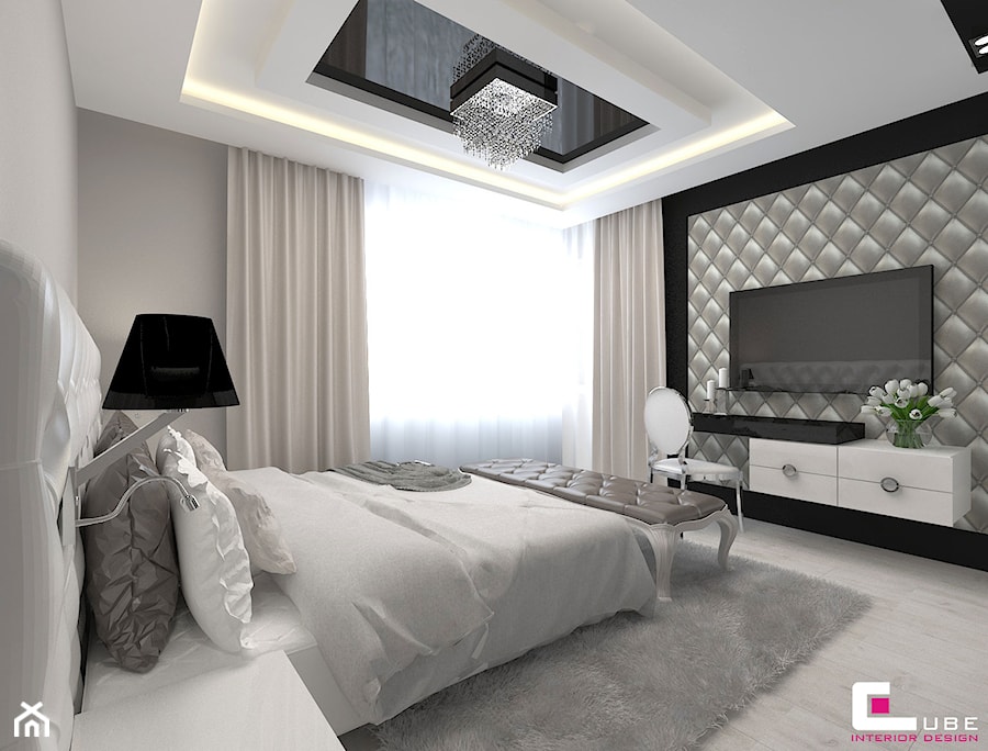 Projekt wnętrz domu - Duża beżowa czarna sypialnia, styl nowoczesny - zdjęcie od CUBE Interior Design