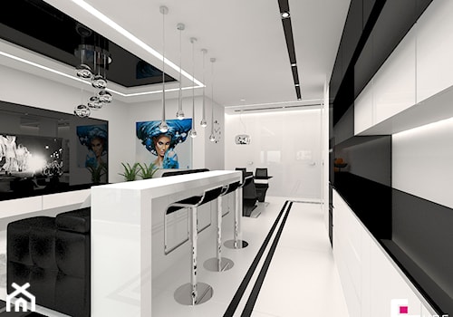 Mieszkanie 65 m2 w Warszawie - Średnia z salonem biała z zabudowaną lodówką kuchnia jednorzędowa z wyspą lub półwyspem, styl nowoczesny - zdjęcie od CUBE Interior Design