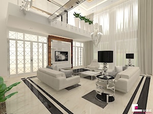 Dom pod Zambrowem - Duży biały salon z antresolą, styl nowoczesny - zdjęcie od CUBE Interior Design