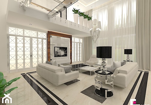 Dom pod Zambrowem - Duży biały salon z antresolą, styl nowoczesny - zdjęcie od CUBE Interior Design