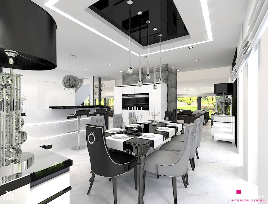 Dom w Kępie Okrzewskiej - Duża biała szara jadalnia w salonie w kuchni, styl glamour - zdjęcie od CUBE Interior Design