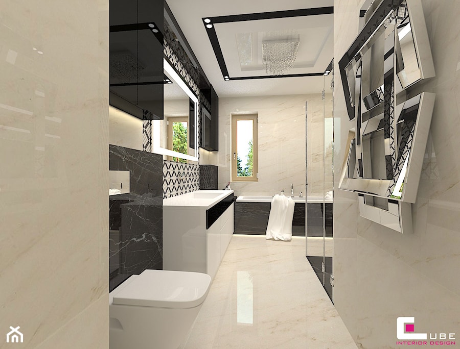 Projekt wnętrz domu - Średnia z lustrem z marmurową podłogą z punktowym oświetleniem łazienka z oknem, styl nowoczesny - zdjęcie od CUBE Interior Design