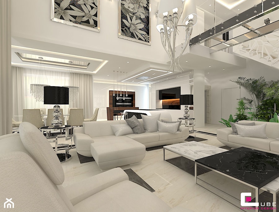 DOM Z ANTRESOLĄ - Duży biały salon z jadalnią, styl glamour - zdjęcie od CUBE Interior Design
