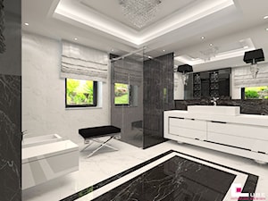 Projekt wnętrz domu w Chojnowie - Duża na poddaszu z marmurową podłogą łazienka z oknem, styl glamour - zdjęcie od CUBE Interior Design