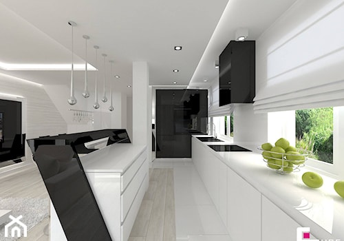 Dom w Markach - Duża z salonem kuchnia dwurzędowa z wyspą lub półwyspem z oknem, styl glamour - zdjęcie od CUBE Interior Design
