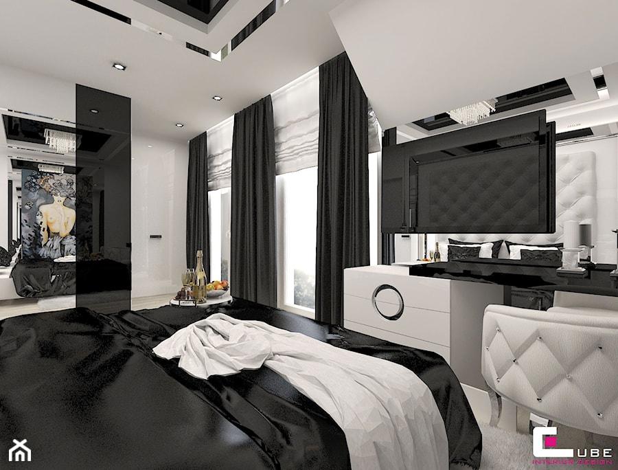 Dom w Elblągu - Duża biała czarna z panelami tapicerowanymi sypialnia na poddaszu, styl glamour - zdjęcie od CUBE Interior Design