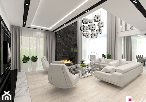 Projekt wnętrz domu w Wołominie - Duży biały szary salon z jadalnią, styl glamour - zdjęcie od CUBE Interior Design