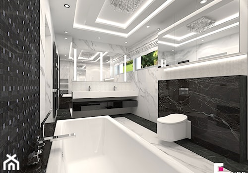 Projekt wnętrz domu w Wołominie - Duża z dwoma umywalkami z marmurową podłogą z punktowym oświetleniem łazienka z oknem, styl glamour - zdjęcie od CUBE Interior Design