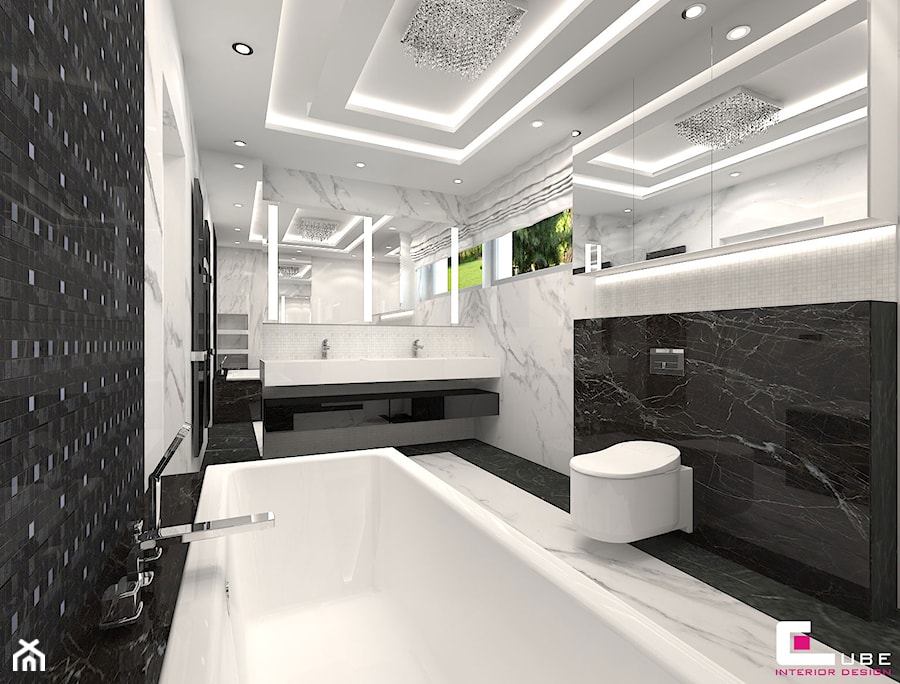 Projekt wnętrz domu w Wołominie - Duża z dwoma umywalkami z marmurową podłogą z punktowym oświetleniem łazienka z oknem, styl glamour - zdjęcie od CUBE Interior Design