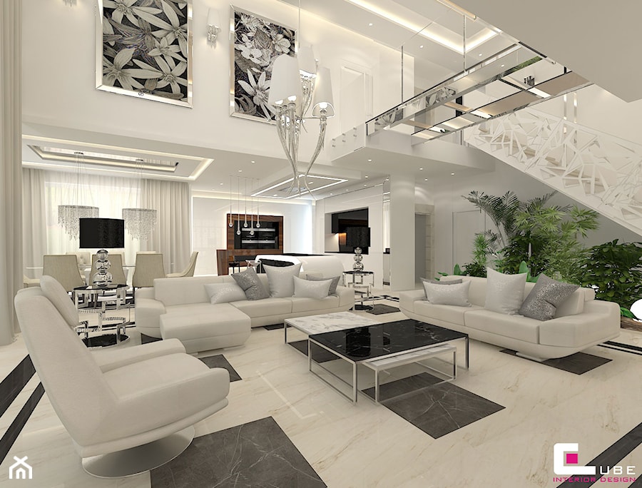 DOM Z ANTRESOLĄ - Duży biały salon z jadalnią, styl glamour - zdjęcie od CUBE Interior Design